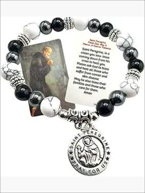 Stretch Bracelet with St. Peregrine Medal Charm, Silver-Tone Spacers